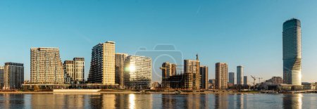 Photo for Modern panorama belgrade serbia cityscape skyline golden hour sunset sava river waterfront - Royalty Free Image