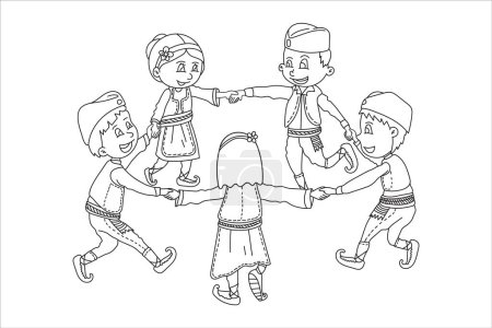 Illustration for Illustration of kids in traditional Serbian outfits dancing and playing the kolo dance linework children - Royalty Free Image