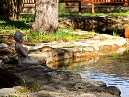 Téléchargez les photos : Beau Bouddha dans un étang, dans un centre de méditation. Photo de haute qualité - en image libre de droit