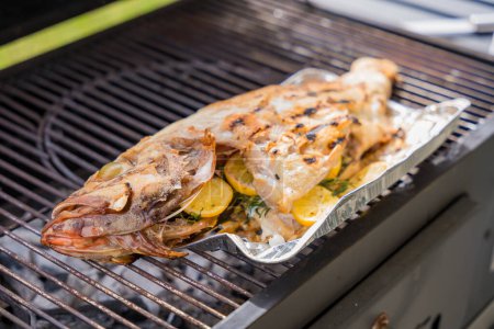 Whole grilled perch stuffed with lemon and rosemary. High quality photo