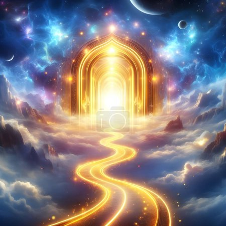Leuchtender Pfad, der die Seelen zu den himmlischen Toren führt. Die Reise der Seele zur Wiedergeburt, Religion, spiritueller Glaube und Mythologie