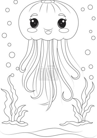 Téléchargez les photos : Coloriage une méduse mignonne nageant dans la mer - en image libre de droit