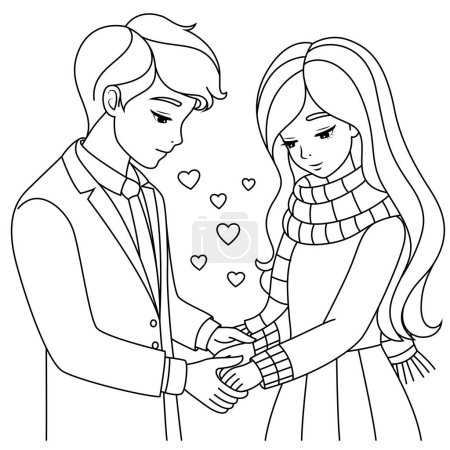 A couple is holding hands romantically coloring page. Valentine colouring book