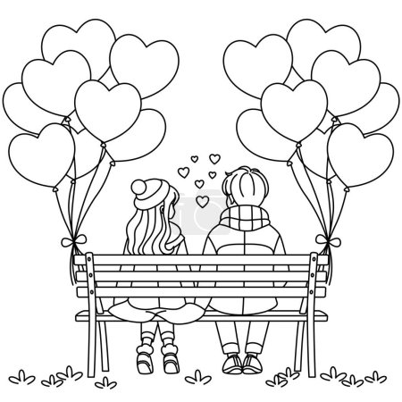 Téléchargez les illustrations : Un couple mignon assis sur un banc, entouré de ballons en forme de coeur page à colorier. Illustration Valentine coloriage - en licence libre de droit