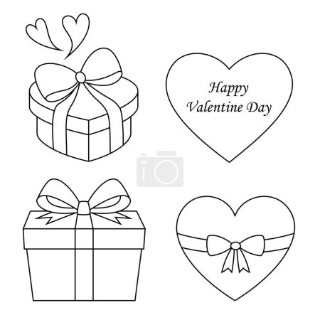 Set of Valentine gift boxes with heartscoloring page. Valentine element illustration colouring book
