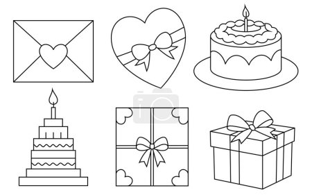 Set of Valentine gift boxes with cake coloring page. Valentine element illustration colouring book