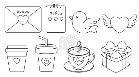 Set of Valentine illustration coloring page. Valentine element illustration colouring book