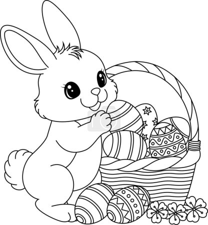 Illustration for Happy bunny and a basket of eggs coloring page - Royalty Free Image