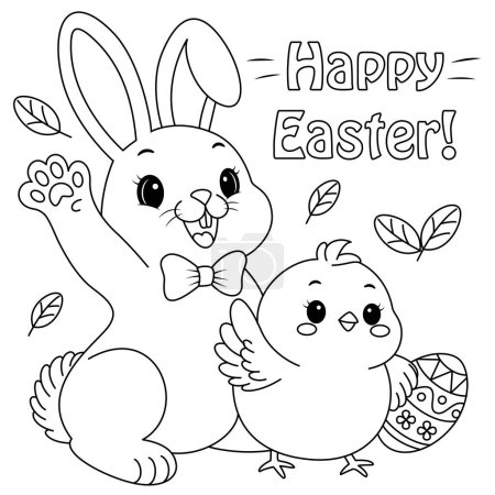 Ilustración de Lindo conejito y polluelo diciendo Feliz Pascua y saludando en la página para colorear saludo, una ilustración vectorial en blanco y negro - Imagen libre de derechos