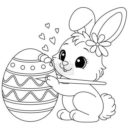 Feliz conejito dibujando huevo de Pascua en una página para colorear caballete