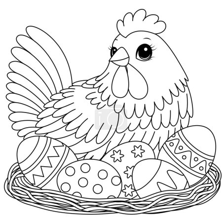Ilustración de Página para colorear de gallinas y huevos de Pascua - Imagen libre de derechos