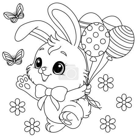 Ilustración de Kawaii Conejo de Pascua con globos para colorear página - Imagen libre de derechos