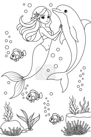 Hand-drawn illustration of kawaii mermaid princess and cute dolphin coloring page for kids and adults. Mermaid colouring book
