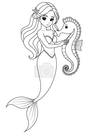 Hand-drawn illustration of kawaii mermaid princess and cute sea horse coloring page for kids and adults. Mermaid colouring book