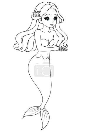 Handgezeichnete Illustration der Kawaii Meerjungfrau Prinzessin Malseite für Kinder und Erwachsene. Malbuch der Meerjungfrau