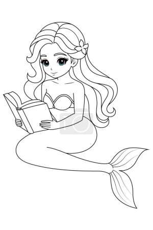 Hand-drawn illustration of kawaii mermaid princess reading book coloring page for kids and adults. Mermaid colouring book