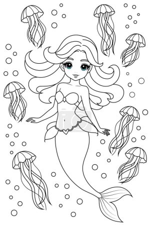 Hand-drawn illustration of kawaii mermaid princess and jellyfish coloring page for kids and adults. Mermaid colouring book