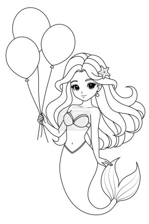 Hand-drawn illustration of kawaii mermaid princess with birthday balloons coloring page for kids and adults. Mermaid colouring book