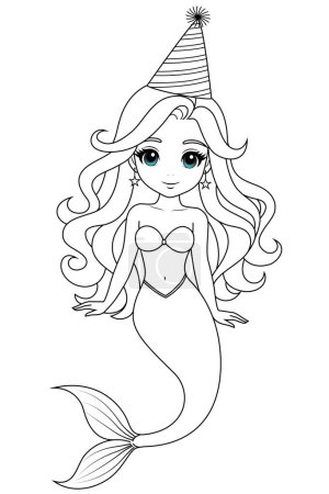 Hand-drawn illustration of kawaii mermaid princess with party hat coloring page for kids and adults. Mermaid colouring book