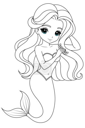 Hand-drawn illustration of kawaii mermaid princess combing her hair coloring page for kids and adults. Mermaid colouring book