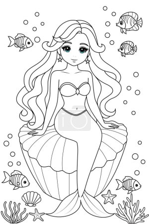 Hand-drawn illustration of kawaii mermaid princess coloring page for kids and adults. Mermaid colouring book