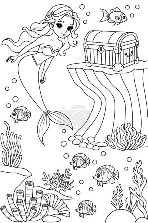 Hand-drawn illustration of kawaii mermaid princess with a treasure chest coloring page for kids and adults. Mermaid colouring book