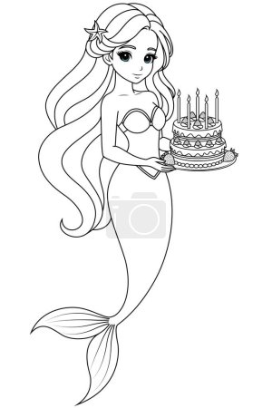 Hand-drawn illustration of kawaii mermaid princess holding the birthday cake coloring page for kids and adults. Mermaid colouring book