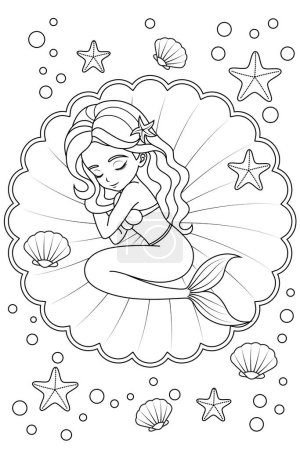 Handgezeichnete Illustration der Kawaii-Meerjungfrau Prinzessin schlafend auf der Muschel Malseite für Kinder und Erwachsene. Malbuch der Meerjungfrau