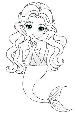 Hand-drawn illustration of kawaii mermaid princess coloring page for kids and adults. Mermaid colouring book