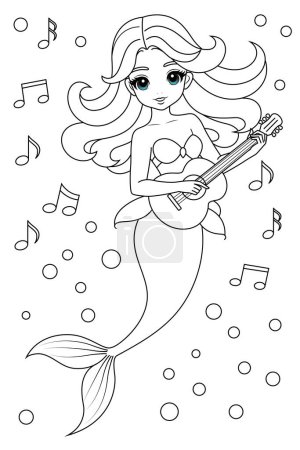 Hand-drawn illustration of kawaii mermaid princess playing the guitar coloring page for kids and adults. Mermaid colouring book
