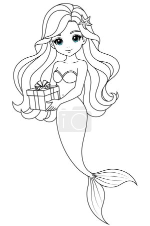 Hand-drawn illustration of kawaii mermaid princess holding the birthday gift coloring page for kids and adults. Mermaid colouring book