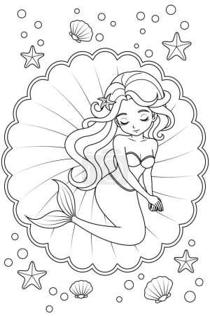 Hand-drawn illustration of kawaii mermaid princess sleeping on the seashell coloring page for kids and adults. Mermaid colouring book