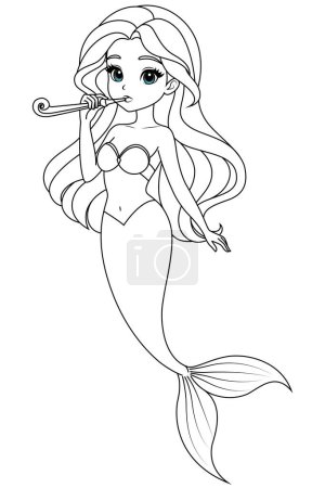 Hand-drawn illustration of kawaii mermaid princess blowing party horn coloring page for kids and adults. Mermaid colouring book