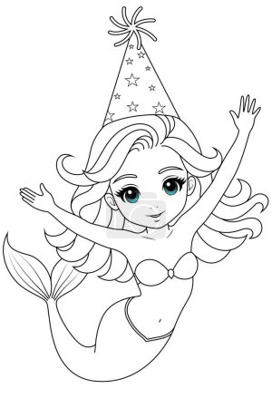 Hand-drawn illustration of kawaii mermaid princess with party hat coloring page for kids and adults. Mermaid colouring book
