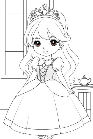 Coloring page chibi princess in the room