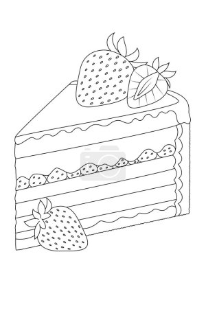 Hand drawn illustration of strawberry cake coloring page for kids and adults. Food and drink colouring book