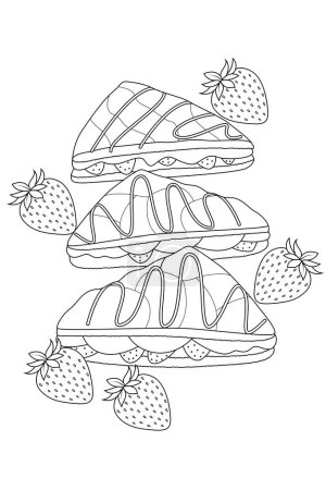 Handgezeichnete Illustration von Erdbeer-Scones Malseite für Kinder und Erwachsene. Essen und Trinken Malbuch