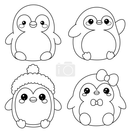 Illustration for Set of Cute Penguin Squishmallow Coloring Page - Royalty Free Image