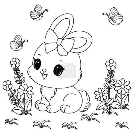 Ilustración de Conejo de Pascua en el jardín para colorear página para niños - Imagen libre de derechos