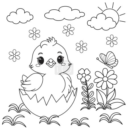 Illustration for Newly hatched Easter chicken in the garden coloring page - Royalty Free Image