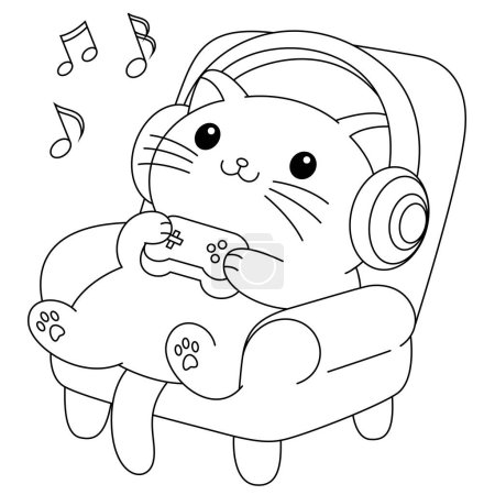 Cute cat is listening music coloring page. Kawaii kitten illustration coloring book 