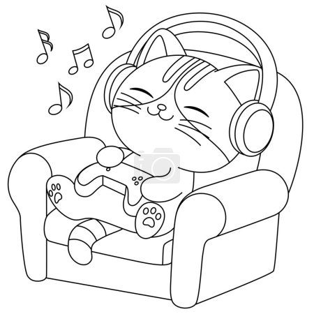 Nette Katze hört Musik Malseite. Kawaii Kitten Illustration Malbuch 