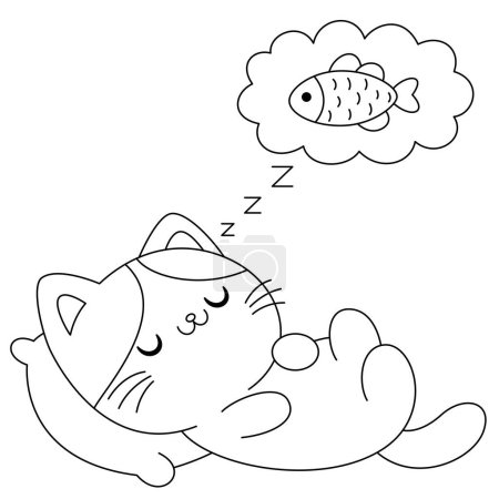The cute cat is sleeping and dreaming coloring page. Kawaii kitten illustration coloring book 
