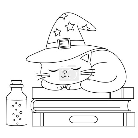 Cute cat wear swich hat, lies on books coloring page. Cat coloring book for kids 