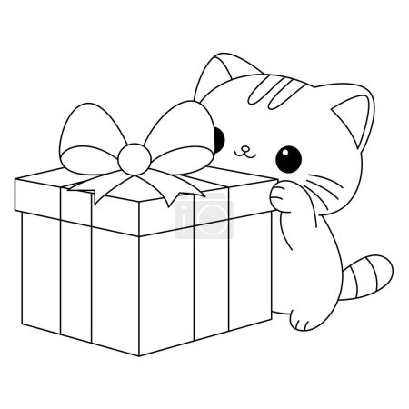 Coloring page of kawaii cat with gift boxes