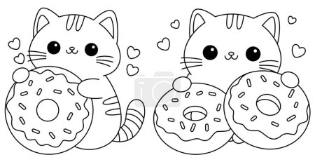 The cute cat with donuts coloring page.  Funny kawaii smiling doodle animal. Face line contour silhouette icon. Cute cartoon baby pet character. Flat design.