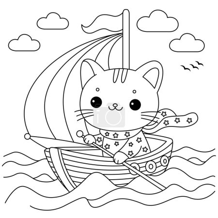 The cute cat is rowing a boat out at sea coloring page.