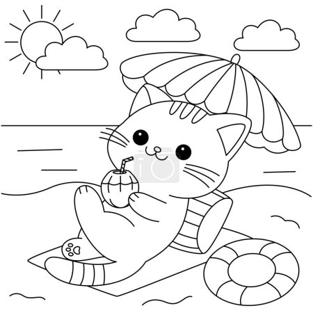 Le chat mignon va sur une page de coloriage de vacances de plage.