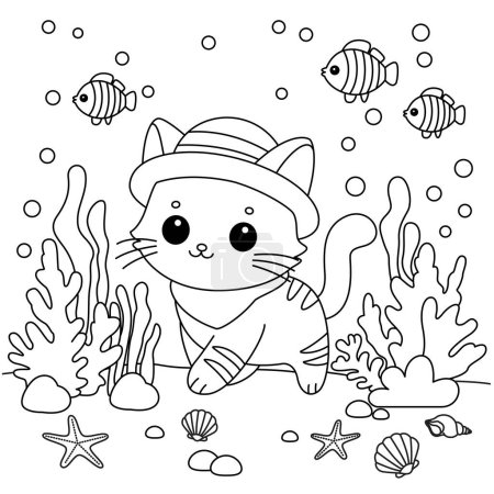 Illustration for The cute cat goes exploring under sea coloring page. - Royalty Free Image