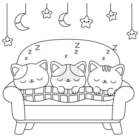 Trois adorables chats dorment sur une page de coloriage de canapé. Doodle style dessin animé.